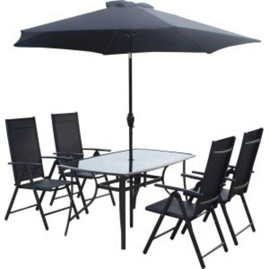 Bjurvik matgrupp bord med 4 st stolar plus parasol By Martinsen - Svart