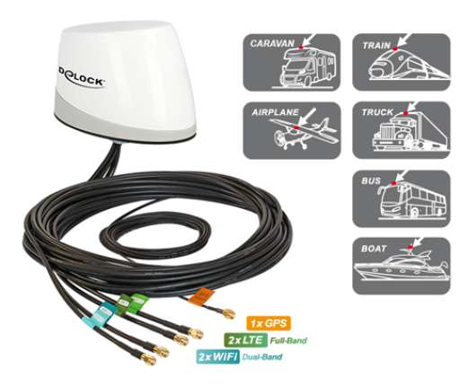 DeLOCK Multibands antenn, GNSS GPS, LNA GNSS, LTE-MIMO, WLAN MIMO, 5xRP-SMA, 3m