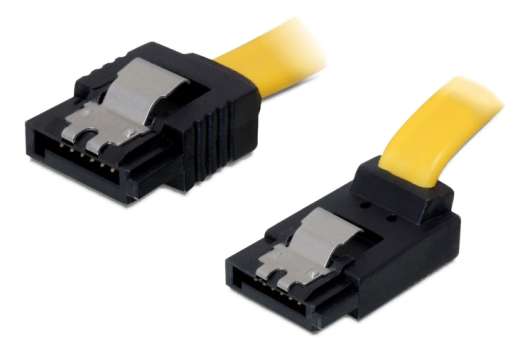 DeLOCK SATA-kabel, 0,3m, 6Gb/s, låsclip, vinklad uppåt - rak, gul