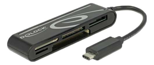 Delock USB 2.0 Kortläsare, USB-C hane, 5 kortplatser, 480 Mbps, svart