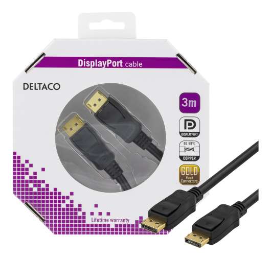 DELTACO DisplayPort monitorkabel, 20-pin ha - ha 3m, svart