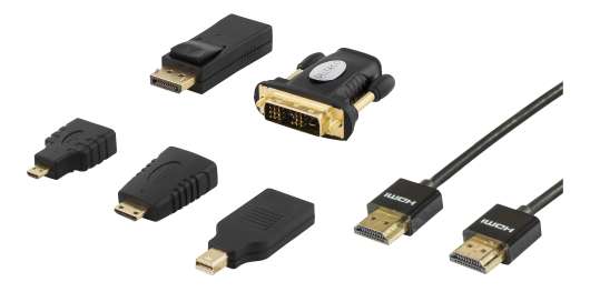DELTACO HDMI/DisplayPort/DVI adapter kit, HDMI kabel 2m, 4K, svart