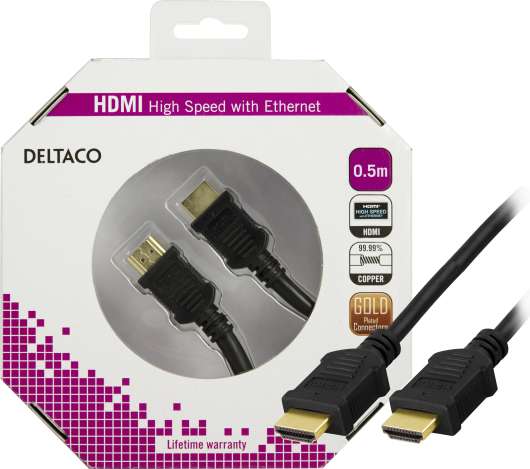DELTACO HDMI-kabel, v1.4+Ethernet, 19-pin ha-ha, 0,5m, svart