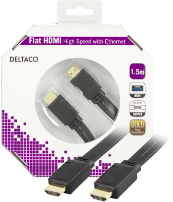 DELTACO HDMI-kabel, v1.4+Ethernet, 19-pin ha-ha, 1080p, flat,sv,1,5m