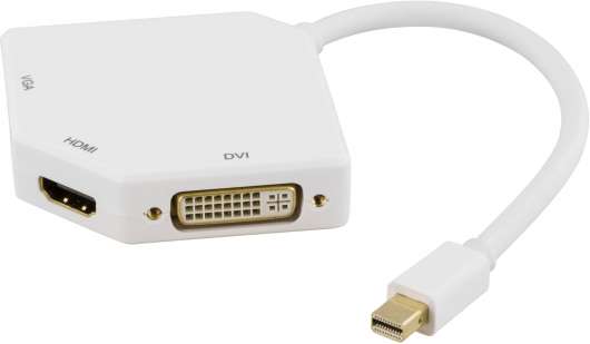 DELTACO Mini DisplayPort till DVI/HDMI/VGA-adapter, 0,15m, vit