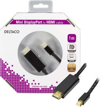 DELTACO mini DisplayPort till HDMI kabel med ljud, ha-ha, 1m, svart