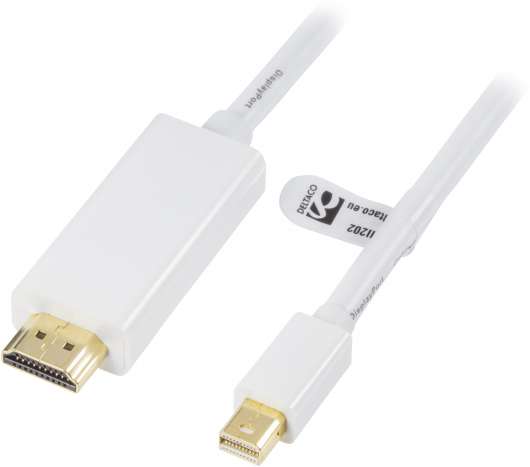 DELTACO mini DisplayPort till HDMI kabel med ljud, ha-ha, 2m, vit