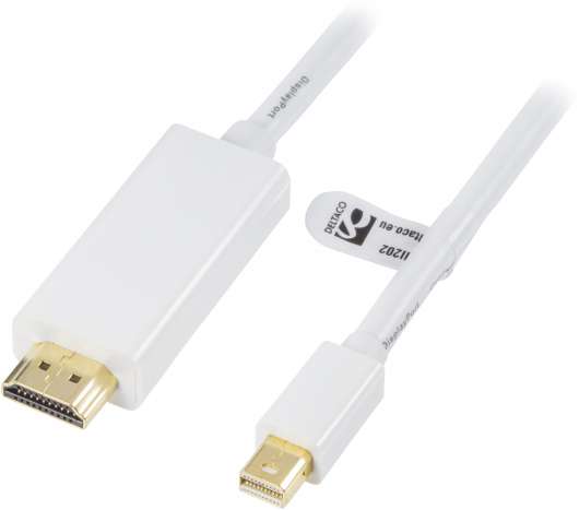 DELTACO mini DisplayPort till HDMI kabel med ljud, ha-ha, 3m, vit