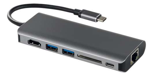 DELTACO USB-C dockningsstation med HDMI, RJ45, 2xUSB A, USB-C PD svart