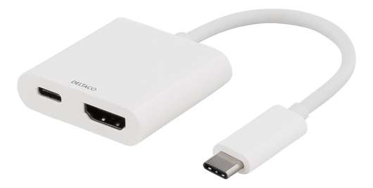 DELTACO USB-C till HDMI adapter, USB-C port för laddning, UltraHD, vit