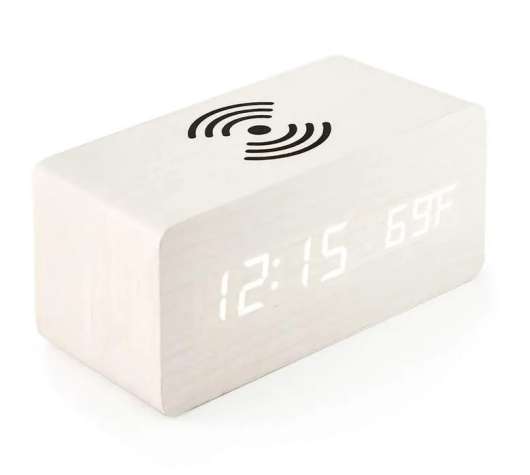 Digital Väckarklocka med trådlös laddning i betsat vitt trä