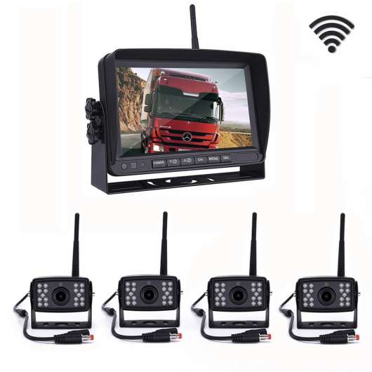 Digitalt backkamerasystem med 4st trådlösa backkameror, 7" skärm, IR Mörkersyn, 100m digital signal