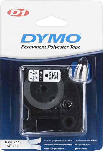 DYMO D1 märktejp perm polyester 19mm, svart på vitt, 5.5m rulle