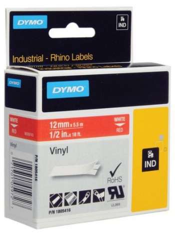 DYMO Rhino Professional, 12mm, märkbar vinyltejp, vit text röd tejp