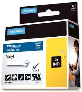 DYMO Rhino Professional, 19mm, märkbar vinyltejp, vit text blå tejp