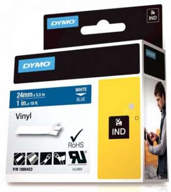 DYMO Rhino Professional, 24mm, märkbar vinyltejp, vit text blå tejp