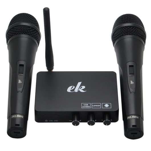 Karaokemaskin / Karaokemixer med två trådlösa mikrofoner, eko/reverb, slimmad design