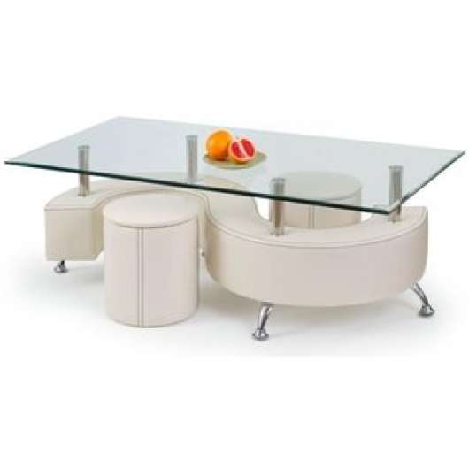 Meeting soffbord med sittpuffar 130 x 70 cm - Gräddfärgad extra hög - Glasbord