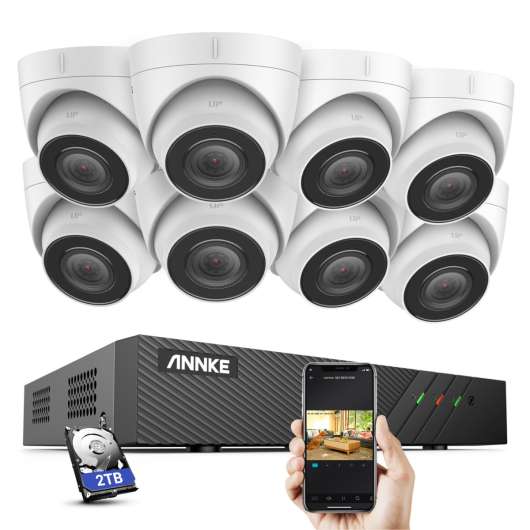 Övervakningssystem med 8st IP Kameror, POE, Push, IR Mörkersyn, ljud, NVR, IP67, 2TB