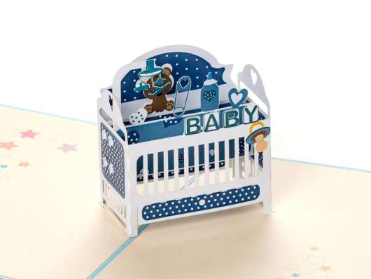 Pop Up-kort - Babykort med Blå Spjälsäng