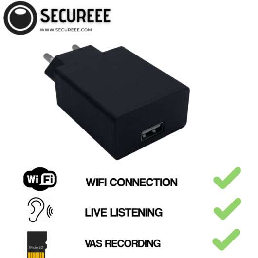 Trådlös WiFi Ljudbugg & ljudinspelare i USB-väggladdare, hög kvalitets mikrofon, notiser, inbyggt batteri, MicroSD