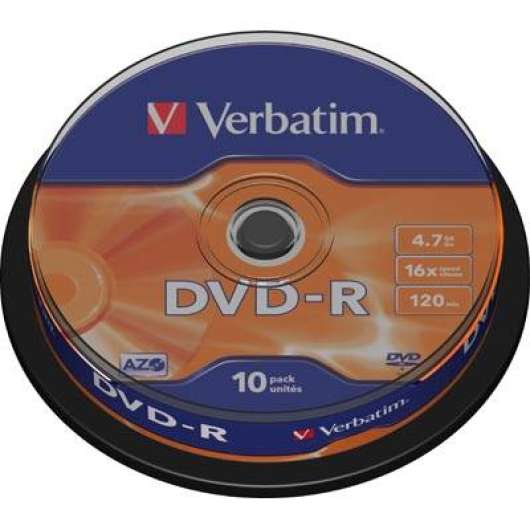 Verbatim DVD-R, 16x, 4,7GB/120min, 10-pack spindel, AZO
