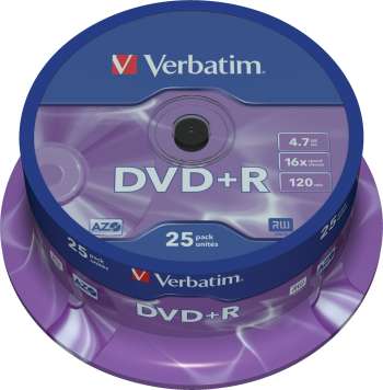 Verbatim DVD+R, 16x, 4,7 GB/120 min, 25-pack spindel, AZO