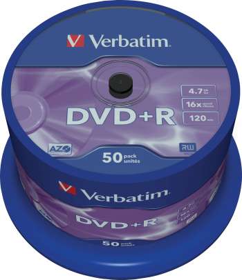 Verbatim DVD+R, 16x, 4,7 GB/120 min, 50-pack spindel, AZO