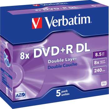Verbatim DVD+R DL, 8x, 8,5 GB/240 min, 5-pack jewel case, AZO