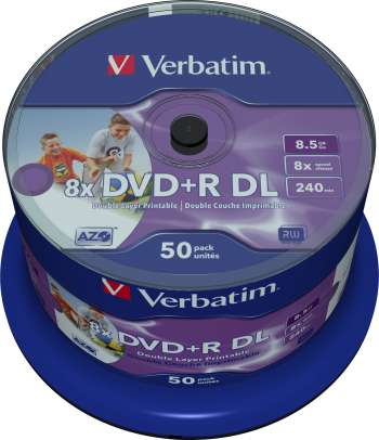 Verbatim DVD+R DL, 8x, 8,5 GB/240 min, 50-pack spindel, AZO