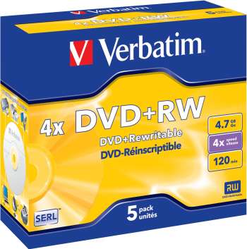 Verbatim DVD+RW, 4x, 4,7 GB/120 min, 5-pack jewel case, SERL
